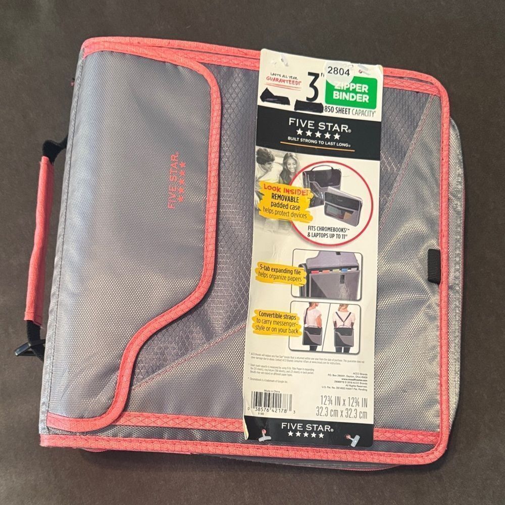 Mead Five Star Pink & Gray 3” 3-Ring Zipper Binder 850 Sheet Capacity NEW